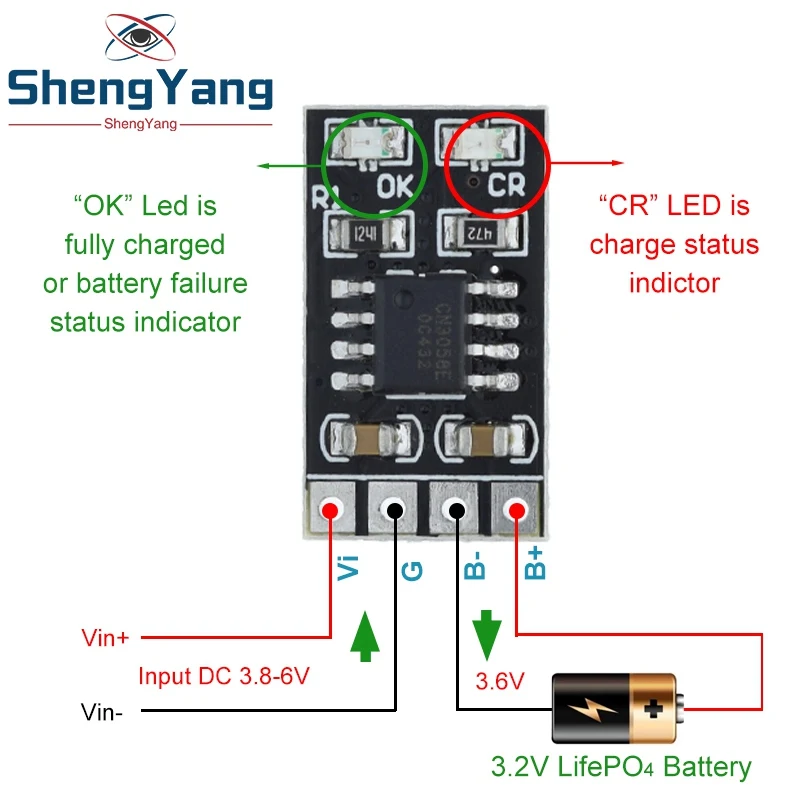 Dedicated 3.2V LiFePO4 Battery Charger Module 3.6V 1A CV/ CC wtih Overvoltage Protection Automatic Recharge Low-Power Sleep Mod