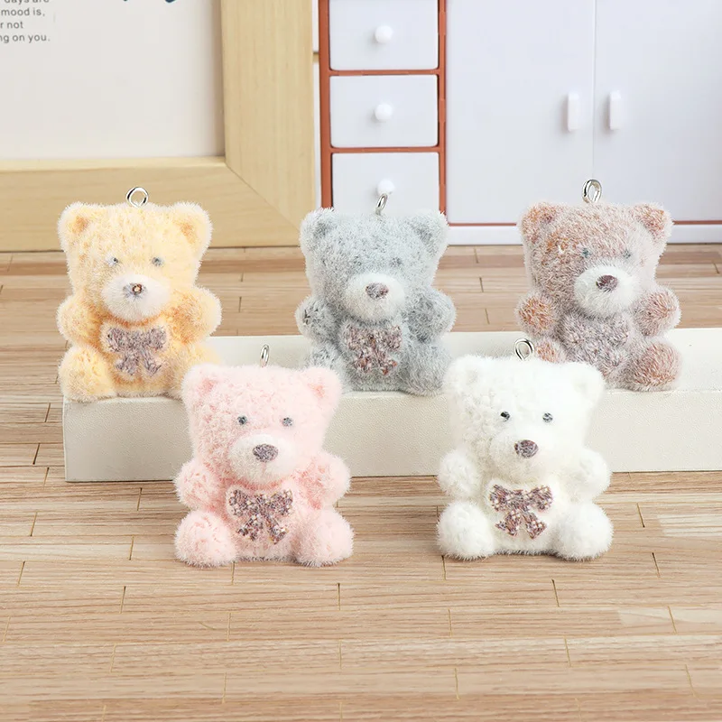 

20pcs Cute Sitting Bear Charms Cartoon flocked resin Animal Doll Pendant For make Keychain lanyard DIY Jewelry Accessories