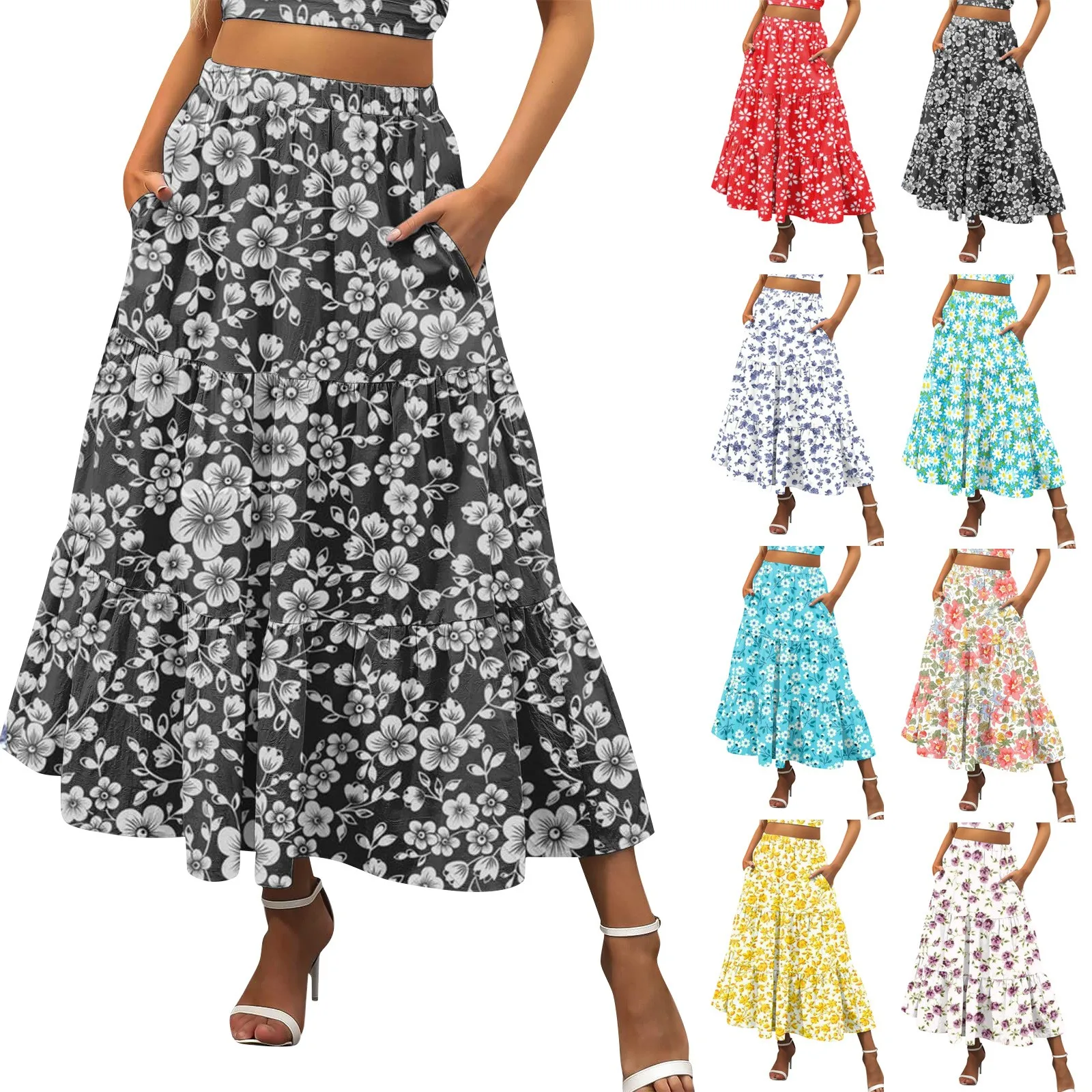 Oversized Floral Print Vintage Prairie Chic Style Large Hem High Elastic Waist Half Skirt For Female Casual And Versatile Dress