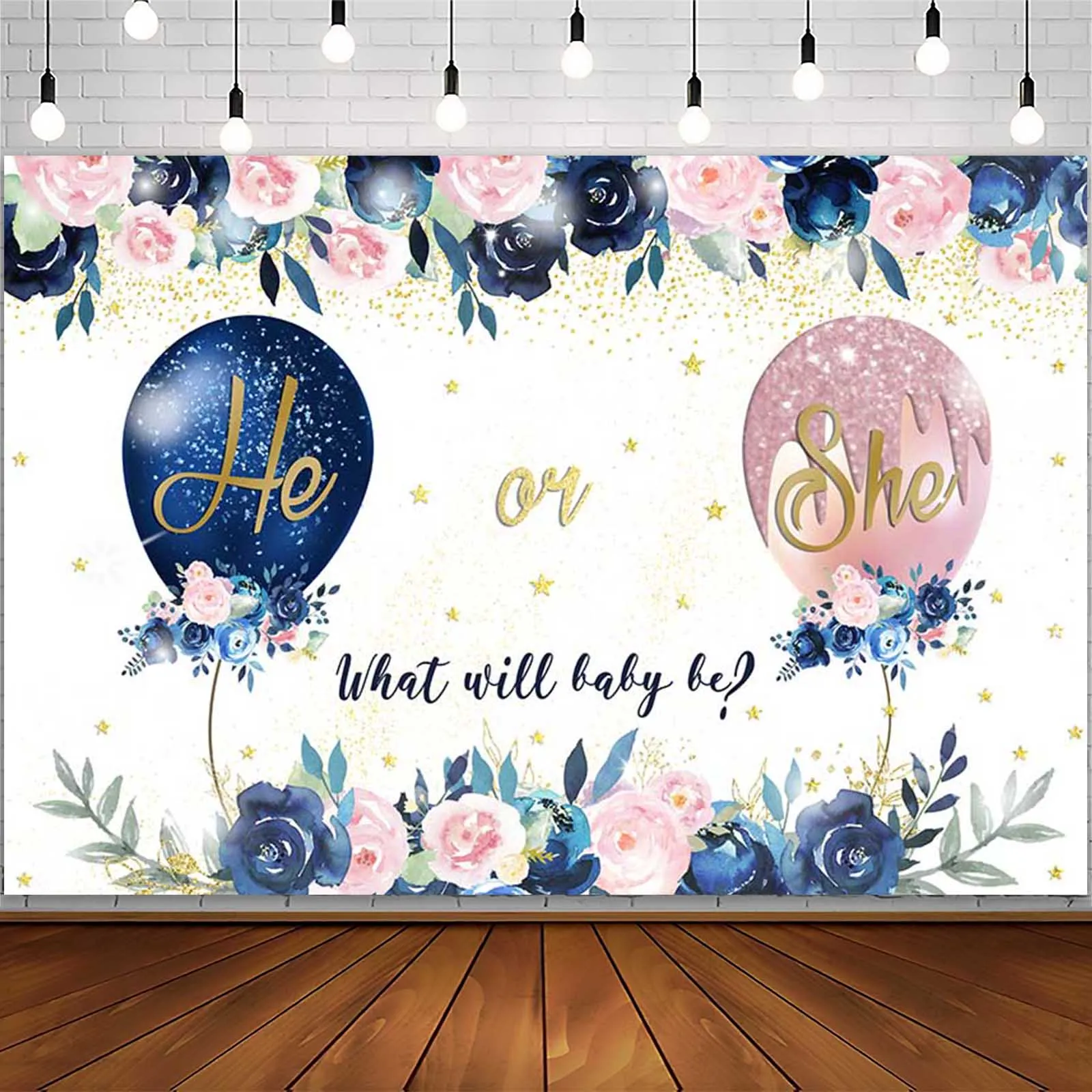 AIBIIN Gender Reveal Background He or She Staches o Lashes decorazioni per feste Navy Blue Blush Pink Floral Photography Background