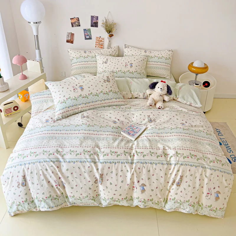 Cartoon Rabbit Animal Cotton Duvet Cover Cute Bunny Strawberry Bedding Set Reversible Printed Comforter Cover Flower Quilt Cover