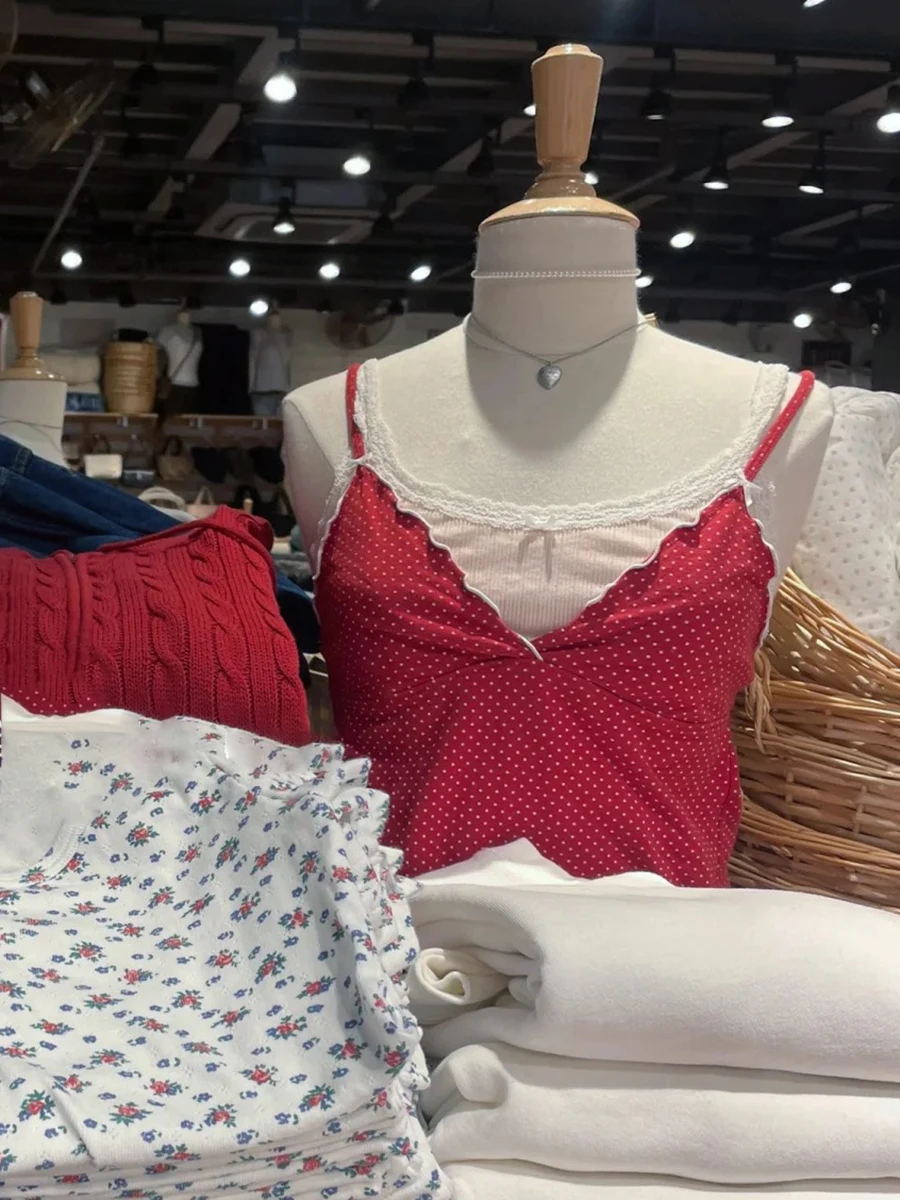 

Polka Dot Red Slim Tank Top Women Fungus Trim Bow V-neck Backless Cotton Camisole Summer Preppy Style Sweet Cute Crop Tops Y2k