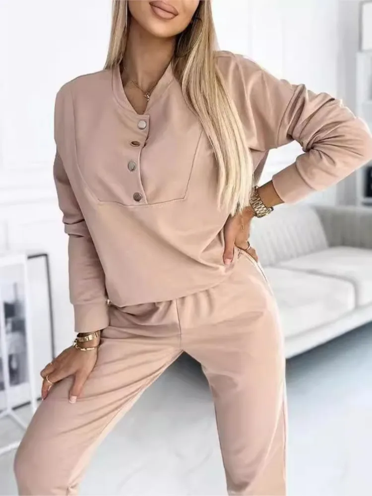 Women\'s Long Sleeve Top And Pants 2 Piece Set 2024 Autumn Simple Solid Sports Suit Casual Loose Two Piece Outfit Women Fashion