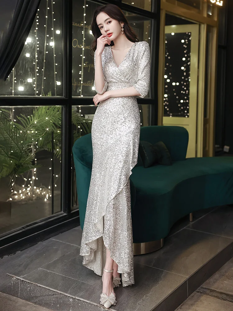 

Серебряное вечернее платье женское 2024 года, новое, класса люкс, с юбкой-русалкой, для ведущих, однотонное, с длинными рукавами, на молнии