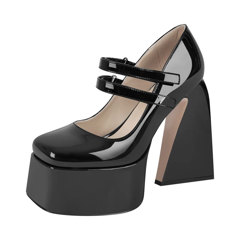 Onlymaker Women Pumps Mary-Jane Platform Black Patent Leather Chunky High Heels Ankle Strap Dress Party Plus Size Punk Shoes