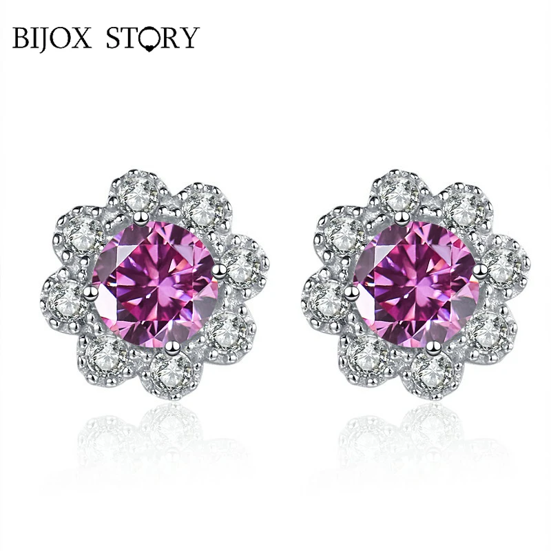 

BIJOX STORY 0.5 Carat 5mm Certificated Moissanite Fine Stud Earrings S925 Sterling Silver Flower Shape Party Earrings for Female