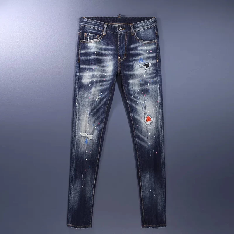 

Мужские джинсы Street Designer Fashion: ретро-стиль, синие, стрейч, слим-фит, с дырками и заплатками, рваные, брендовые, с эффектом окрашивания, винтажные джинсовые брюки