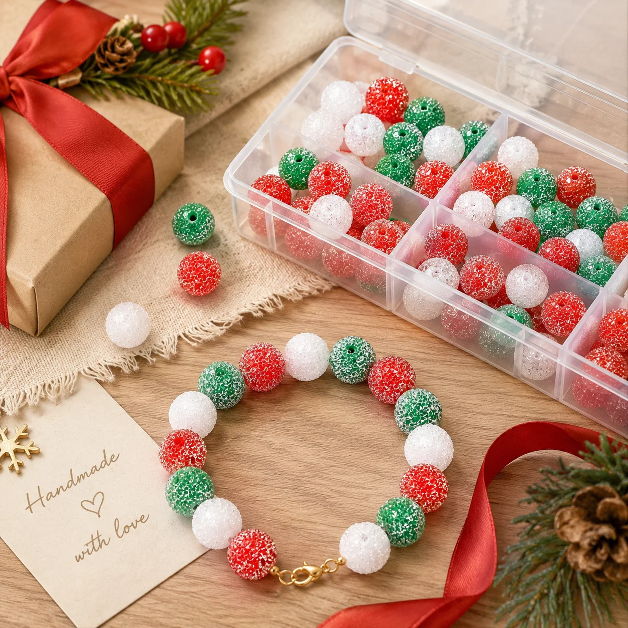 5 Stück 16mm Weihnachts-Acrylperlen mit glitzernder Zuckertextur, runde lose Abstandsperlen in Rot, Weiß, Grün, Beerenperlen für DIY-Bastelarbeiten – Detail 6