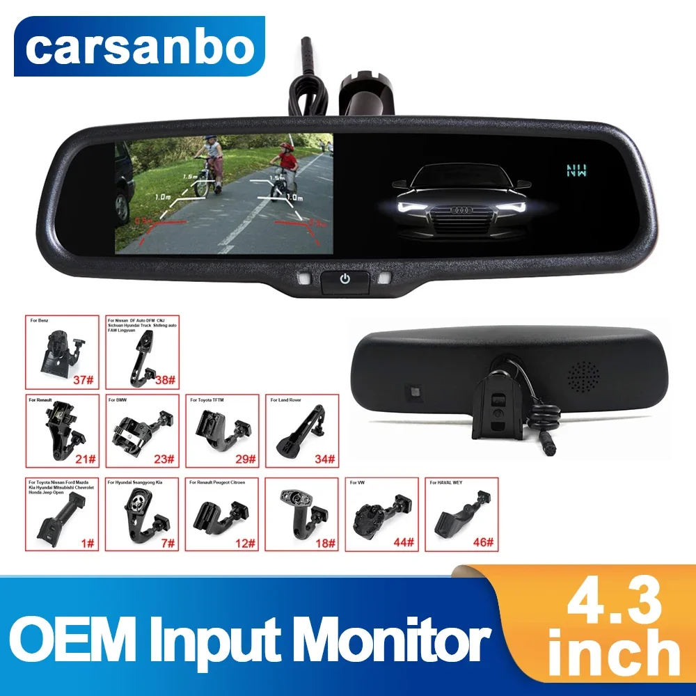 

Carsanbo 800*480 Display 4.3'' Screen Rear View Mirror HD Screen Front View Camera OEM Input LCD Monitor with 2 Video RCA Input