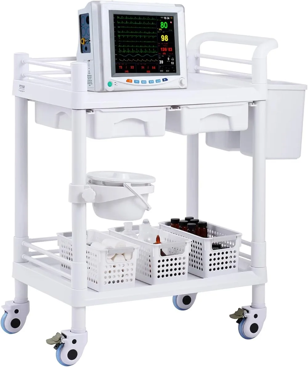 Carro móvil médico con 2 cajones y 3 botes de basura, con 4 ruedas silenciosas, cubo y cuenco de 2 suciedad, para laboratorio