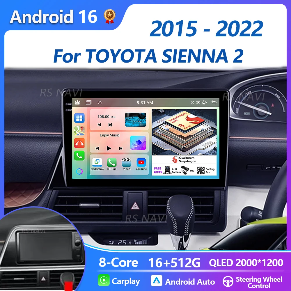 Radio para Auto con Pantalla QLED 2K Qualcomm, Android 16 Carplay, Plug and Play, para TOYOTA SIENNA 2 2015-2022, Multimedia, Volante a la Derecha