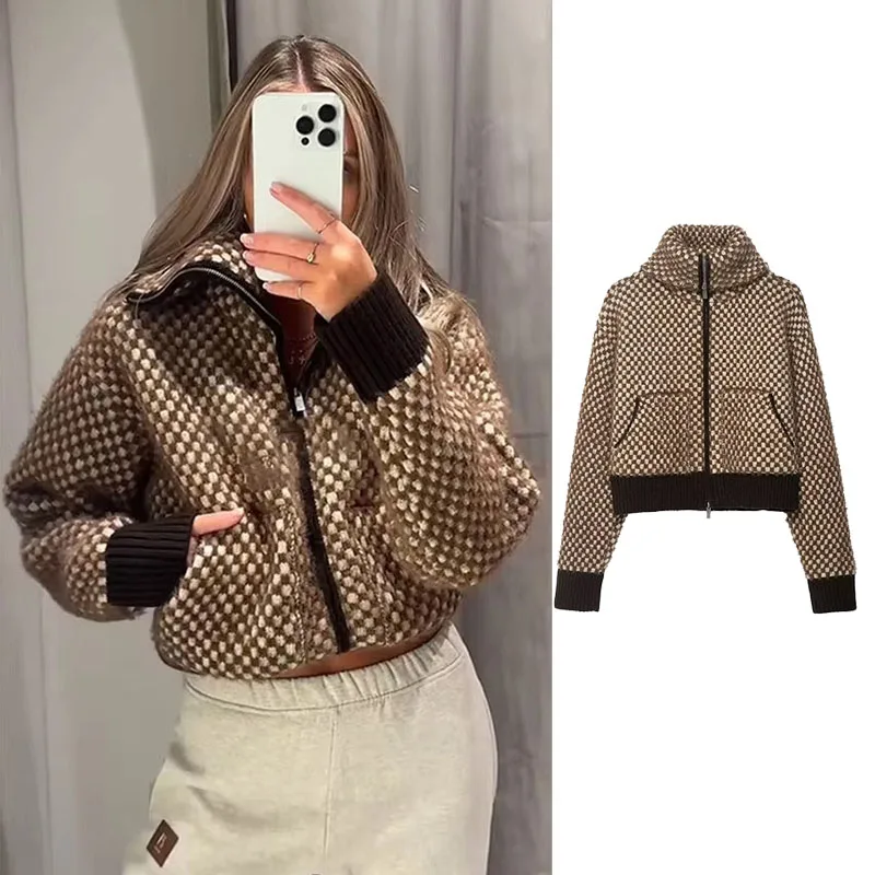 

Женская вязаная куртка 2025 г. Женская мода с длинным рукавом на молнии вязаные куртки женские осенне-зимние уличные короткие пальто