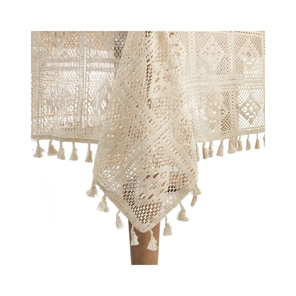 Hollow Lace Table Cover With Tassel Edges For Home Dining Room Decoration Square Fabric Cloth 140x140cm