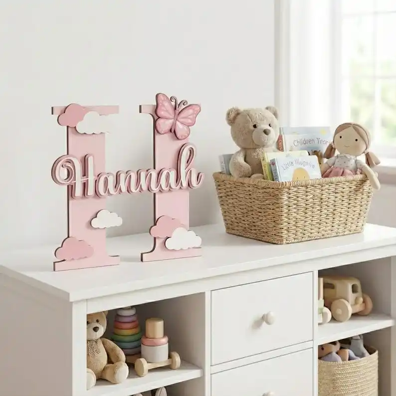 1pc Personalized Wooden Initial Letter Name Sign – Pink Butterfly Cloud Design, Custom Nursery Wall Decor for Baby Girl, Kids 1pc Personalized Wooden Initial Letter Name Sign – Pink Butterfly Cloud Design, Custom Nursery Wall Decor for Baby Girl, Kids