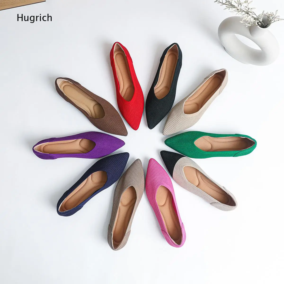Hugrich Knit Pointed Toe Flats Women S Breathable Slip On Shoes In Multiple Colors With Black Toe Cap Option