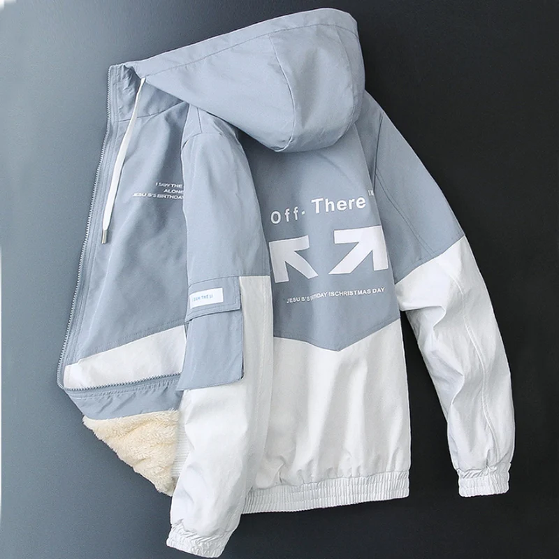 

Fashion Nice Autumn Men's Casual Fur Fleece Warm Hooded Jackets Winter Tops Patchwork Thick Coat Streetwear Cotton-Padded Parkas