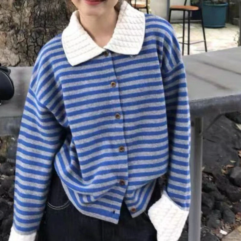 

Knitted Cardigan Sweaters Women Striped Jumpers Color Blocked Turn Down Collar Long Sleeves Single Breasted 2025 Autumn Winter