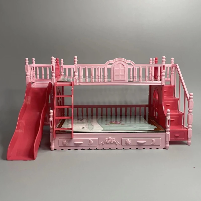 High Quality Dollhouse Furniture Pink Bunk Doll Bed Princess Girl Bedroom Accessories for Barbie Doll Kids Birthday Gift Toys