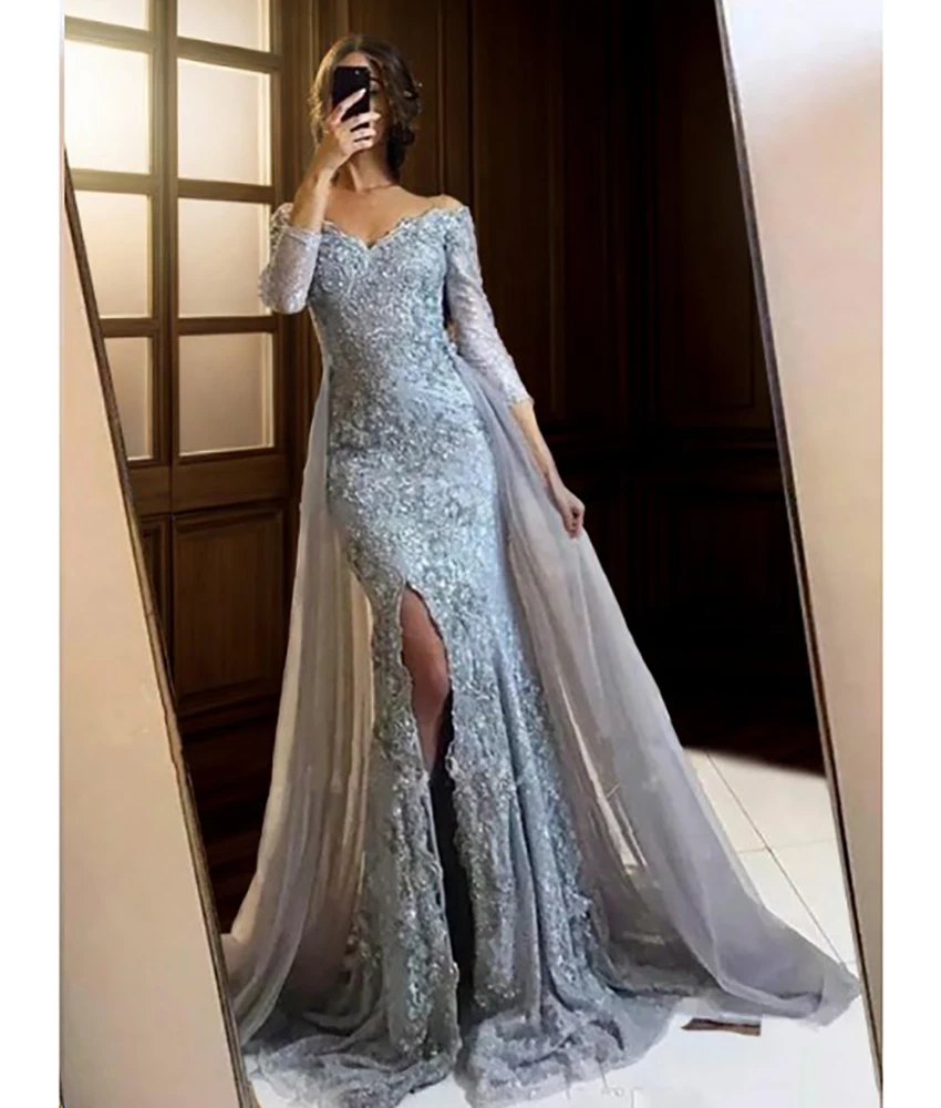

Customized High Quality Organza Mermaid Off the Shoulder Appliques Lace Evening Dress SexyLong Sleeves Bespoke Occasion Gowns