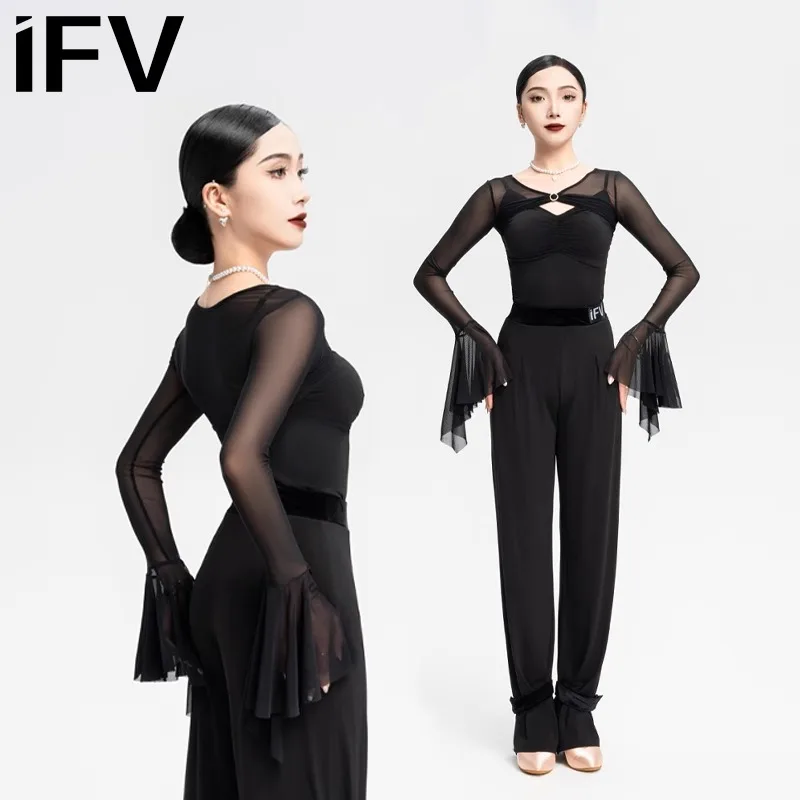 맞춤형 IFV 현대 볼룸 댄스 드레스 라틴 댄스 슬리브 캐미솔 탄성 메쉬 탑 성능 복장 여성 의류