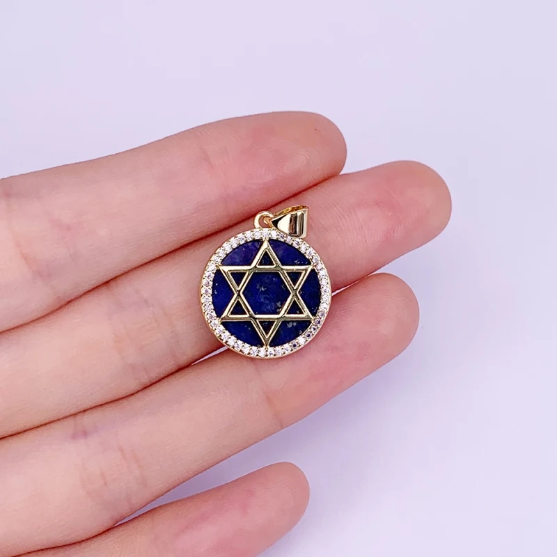 Round Necklace Pendant Lapis Lazuli Compass Star Of David Moon Zircon Copper Gold Plated Charms Jewelry Accessories