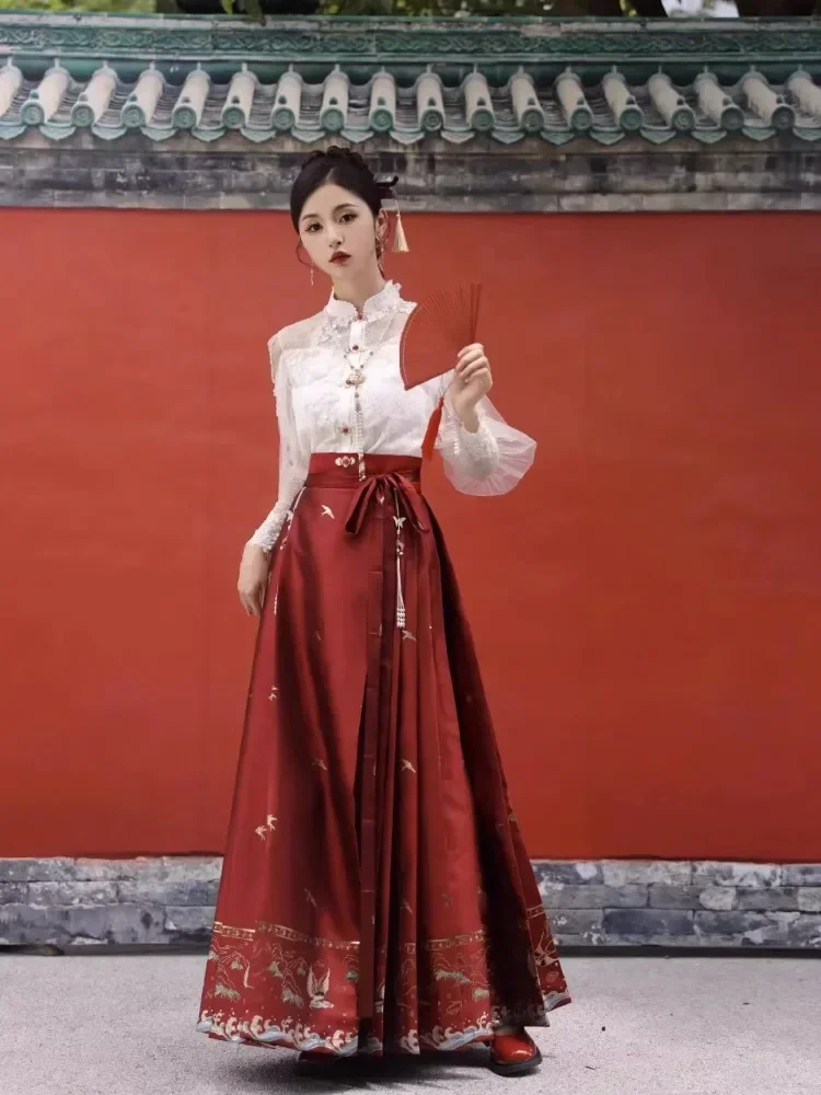 Hanfu กระโปรงปิดหน้าม้าสไตล์วินเทจเสื้อคาร์ดิแกนคอตั้งสไตล์จีนดั้งเดิมเสื้อจีบสีแดงกระโปรง mamian