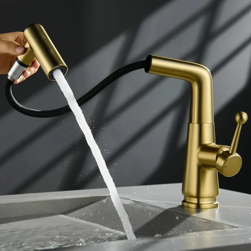 Bathroom Sink Vanity Hot and Cold Faucet with Pull-out Function That Can Be Raised and Lowered 360º Rotating Mixing Spray Faucet