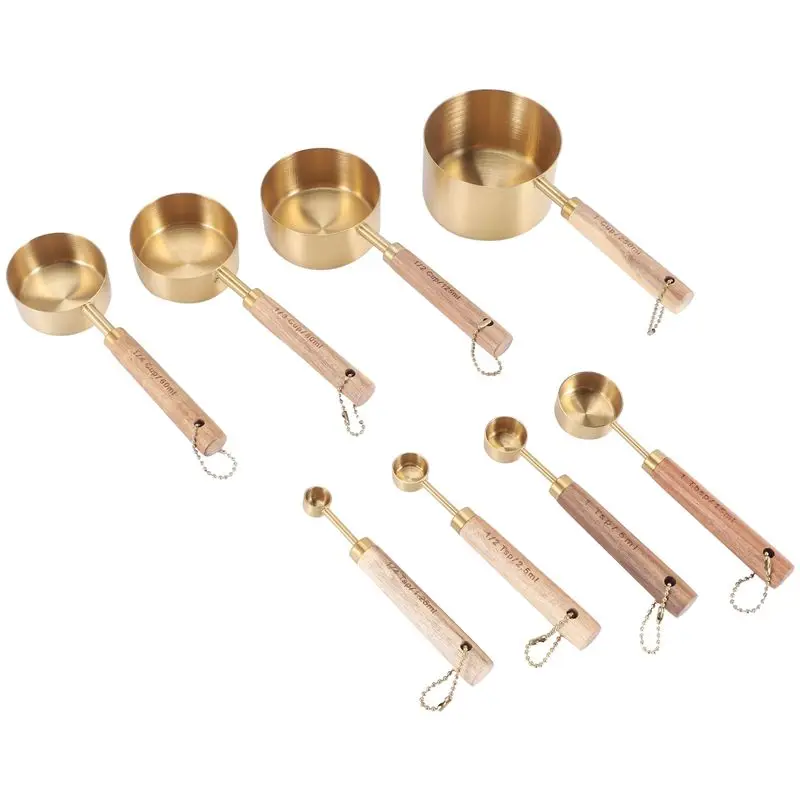 ABSE-8 Piece Measuring Cups Set And Measuring Spoons, With Fragrant Wood Handles-Complete Set Of Measure Cups And Spoons