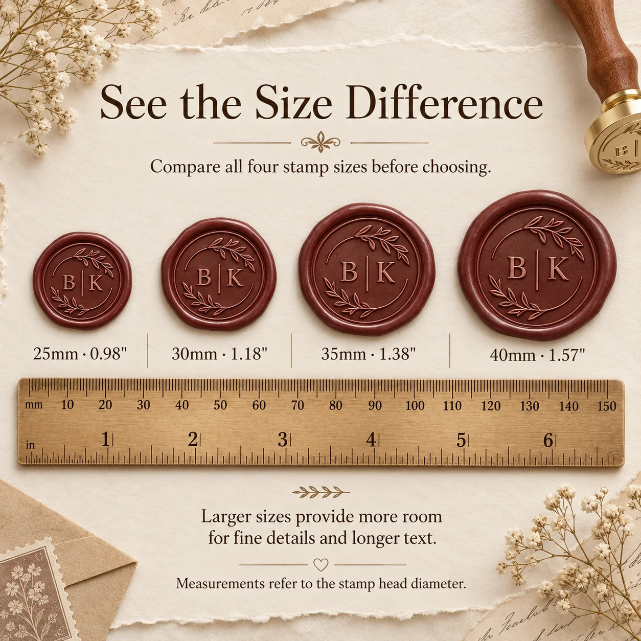 Custom Wax Seal Stamp, Christmas Personalized Logo/Text/Design Sealing Stamp with Thin Yellow Sandalwood Handle, 22/25/30mm Cust