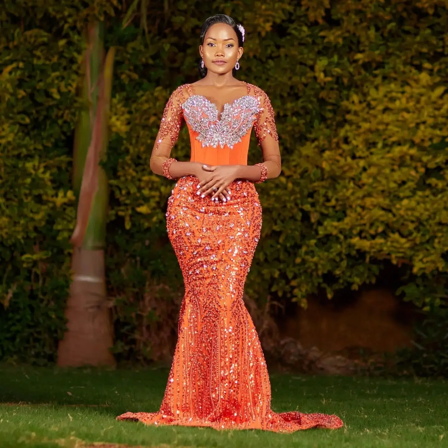 2024 Orange Mermaid Prom Dresses Beaded Crystals Sequined Evening Formal Party Second Engagement Birthday Gowns Dresses 03