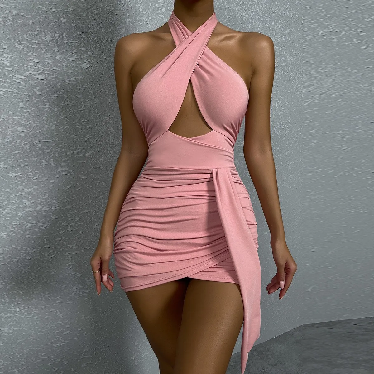 Summer Sexy Halter Cross Night Club Dress for Women Backless Cut-out Pleated Mini Party Dress Sleeveless Buttocks Bodycon Dress