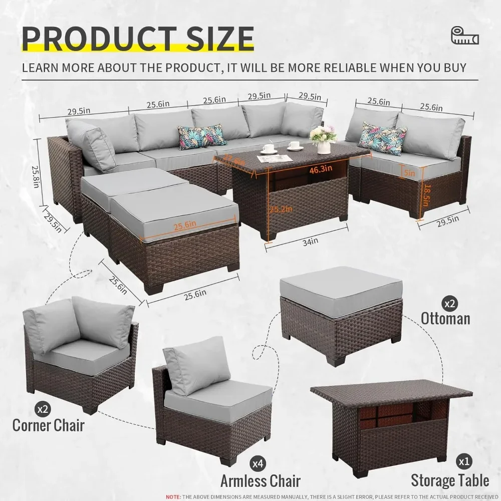 9 Pieces Furniture Set Outdoor PE Rattan Sectional  Sofa Set with Grey Cushions and Storage Table