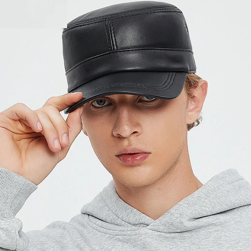 Spring Autumn and Winter Men\'s Single Layer Thin Genuine Leather Hat Outdoor Cold and Warm Cotton  Sheepskin Flat Hat peaked cap