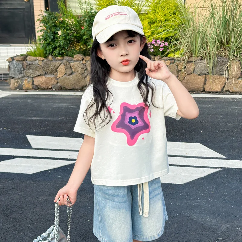 Girls' short sleeved pure cotton summer new printed T-shirt sports half sleeved versatile shirt children's clothing top trend