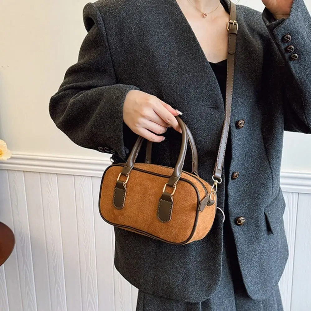 Elegancka torba bowlingowa z ekoskóry i zamszu, torebka typu Boston z PU w jednolitym kolorze, koreańska torba na ramię o dużej pojemności, streetwear