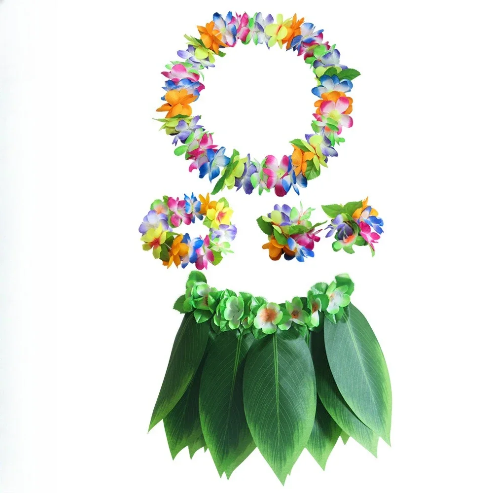 

Hawaiian Party Costume Set for Family with Leaf Skirt Flower Lei Grass Hula Outfit Tropical Luau Stage Performance