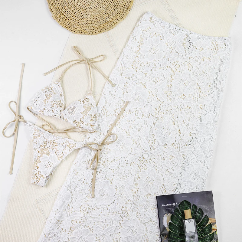 

2025 женский сексуальный белый кружевной комплект из 3 предметов бикини с висячим вырезом, длинная юбка-русалка, пляжная одежда, купальник, накидка, купальный костюм