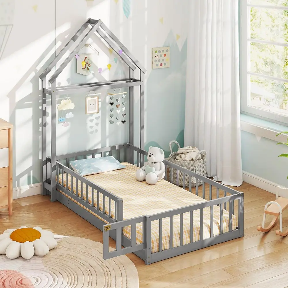 

Twin House Floor Bed for Kids, Wood Montessori Bed Frame with Detachable HouseShaped Headboard, Clothes Hanger amp Safety Fence