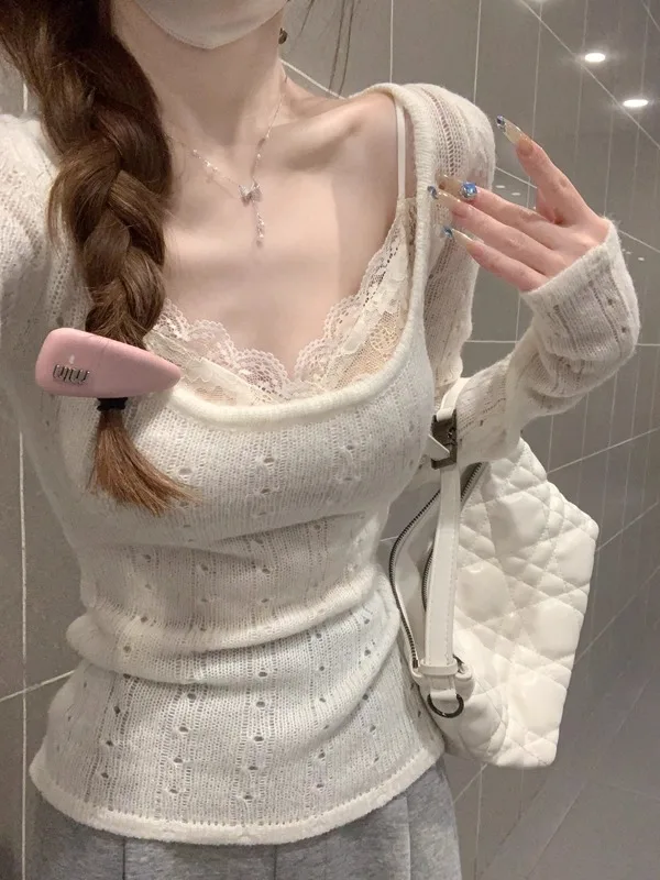 

Pure Desire Sle Long Sve вязаное кружево с открытыми крючками и цветочным квадратным воротником женская внутренняя одежда сексуальное кружево Dr