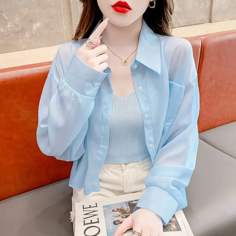 Spring Summer New Turn-down Collar Long Sleeve Solid Color Shirt Women High Street Button Patchwork Cardigan Elegant Thin Tops