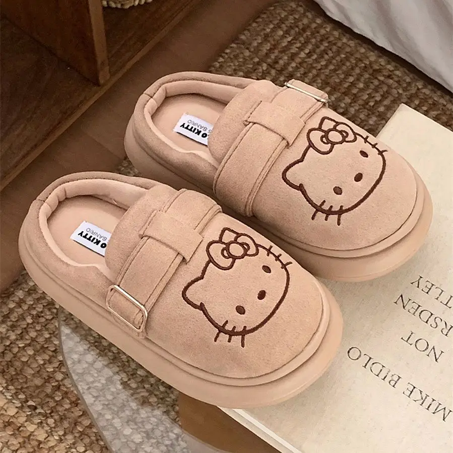 Kawaii مرحبا كيتي مريحة الصوف مبطن عدم الانزلاق فتاة Brikenstocks النعال الشتاء صوف مبطن الدافئة غامض نعال من القطن #4