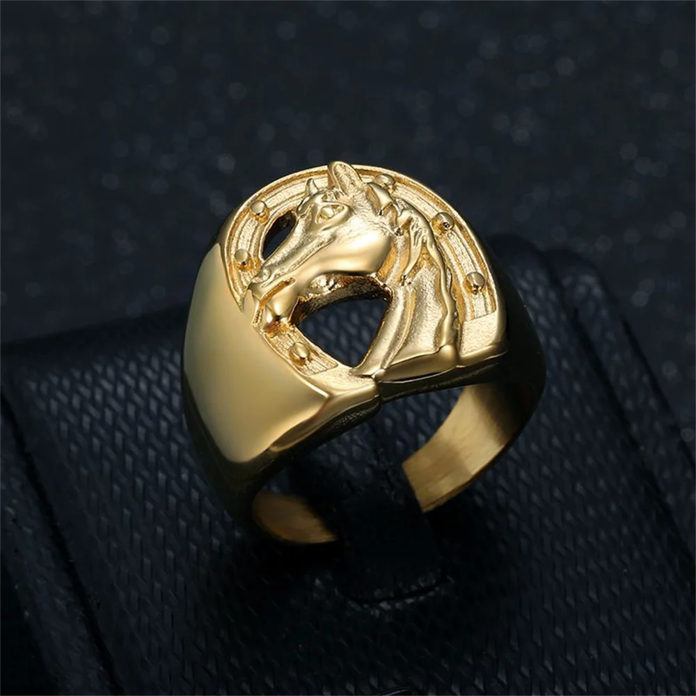 

Punk Horseshoe Horse Head Ring Wholesale Male Gold Color Stinless Steel Animal Big Rings For Men Fashion Party Jewelry Gift