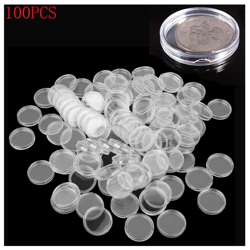 

100 Pcs Plastic Box Boxes Money Storage Single Coin Holder Round Case Clear Capsules Holders
