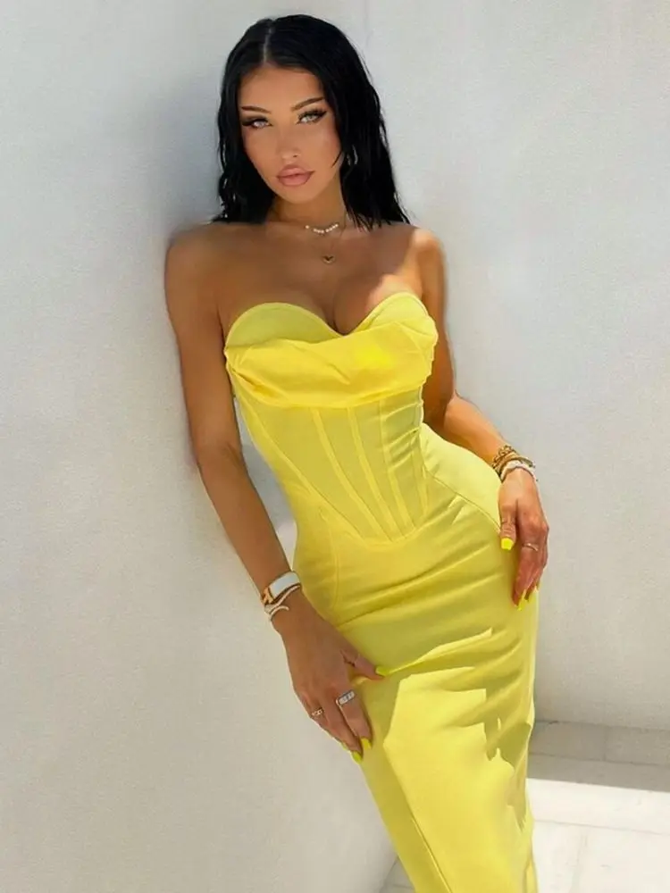 Cross-Border New Yellow Bandage One-Piece Dress Popular European and American Fashion Tube Top Pleated Long Party Skirt