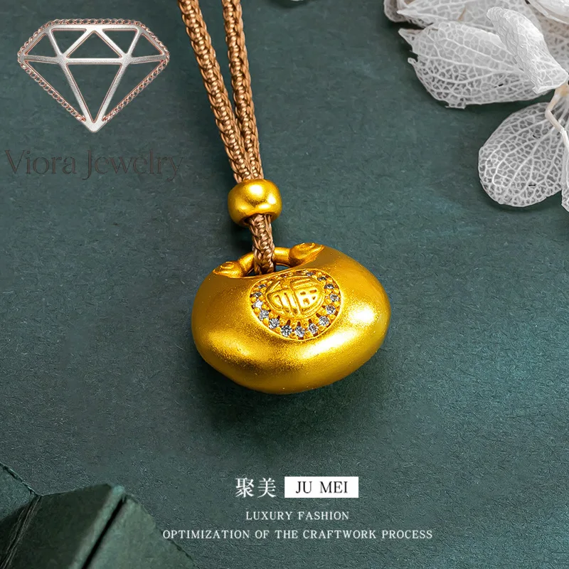 

Viora Jewelry 9999 24K real gold diamond inlaid with fat Fufu characters small gold lump lock bag pendant tie rope necklace swea
