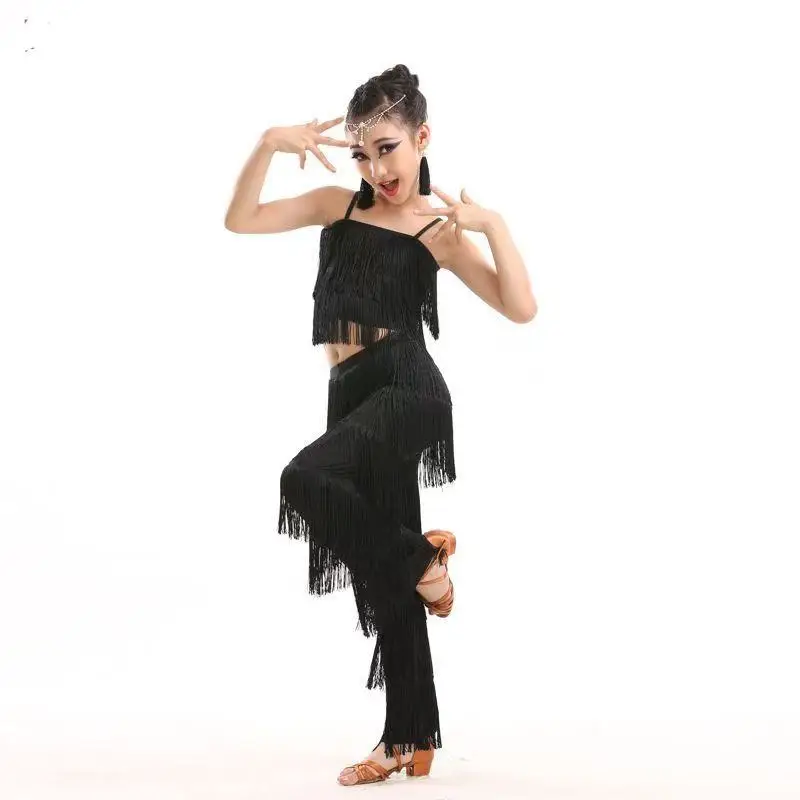 solid  Fringe latin dancing Costume Latin Dance set Ballroom Plus Size Fringe Tassel Pants and top