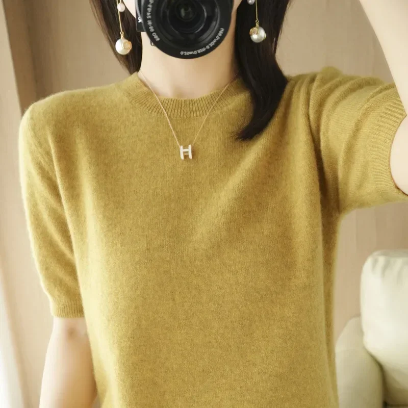 2024 Women Sweaters Spring Summer Short Sleeve Knit Pullovers O-neck Slim Fit Sweater Bottoming Shirts Korean Fashion Knitwear