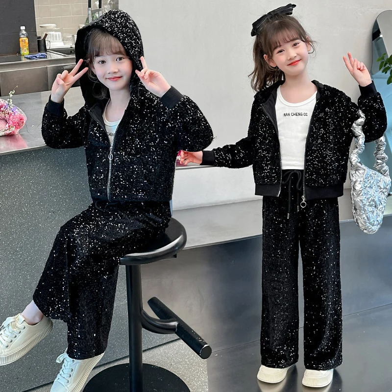 spring childrens girls clothes sets Sequin Zipper Hoodies Sweatpants 2pcs Teen Kids Tracksuit Dance Casual Sport Clothing outfit