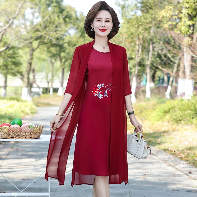 Summer chiffon embroidery 2 Piece Set Dress Cardigan Women XL- 5XL elegant Party Midi Dresses Elegant Vintage Robe Female