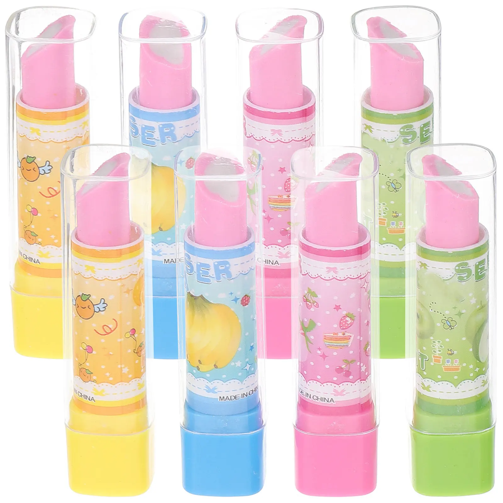 8Pcs Lipstick Style Eraser Creative Cartoon Fruit Pattern Stationery Gift for Students Novelty Random Color